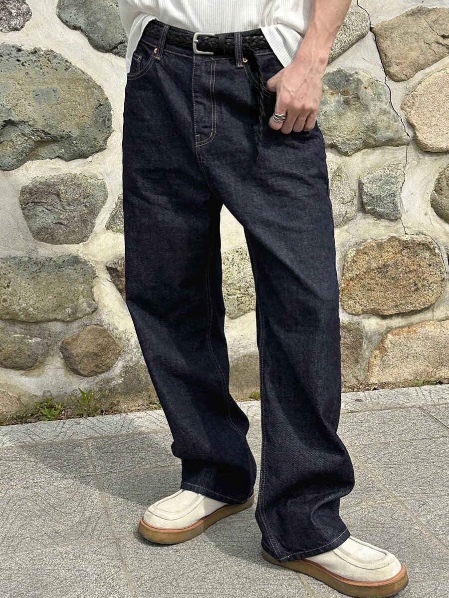 DAZY Autumn Solid Color Pocket Straight Loose Casual Men's Jeans