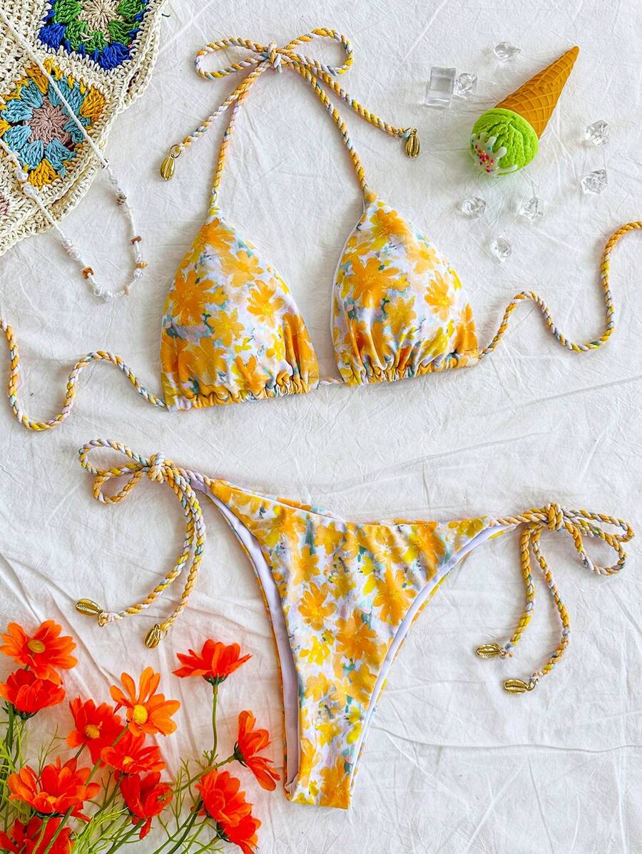 Soleia 2pcs Women's Colorful Floral Graphic Shirred Bikini Set,Swim Suits For Women,Vacation Outfit Women,Summer Outfits For Women,Beach Outfits For Women