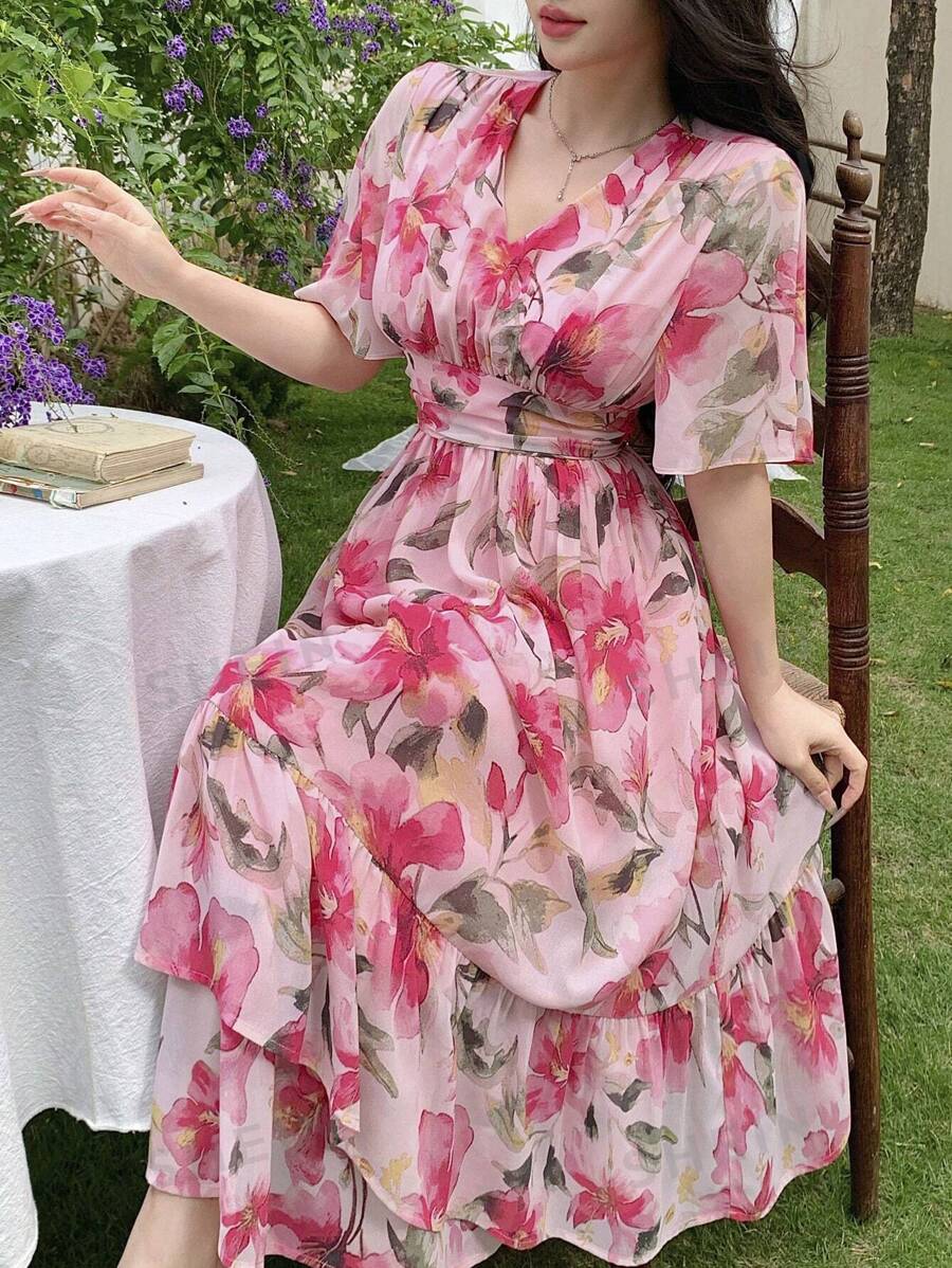 Joudiya Vestido midi floral vintage con cuello en V y mangas con volantes para mujer