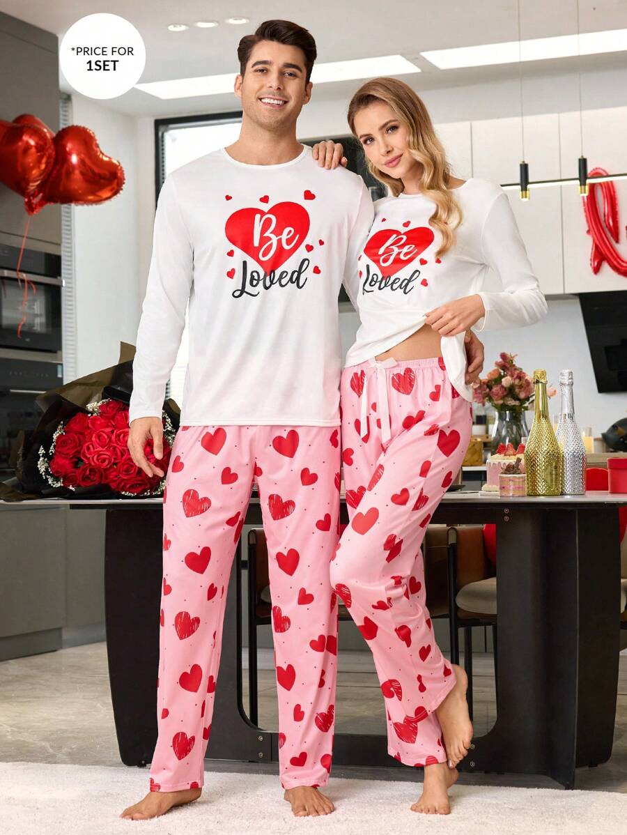 CoupledUp Conjunto de pijama de manga larga y pantalones largos con patrón de corazón y contraste de colores, para hombre, como regalo del Día de San Valentín