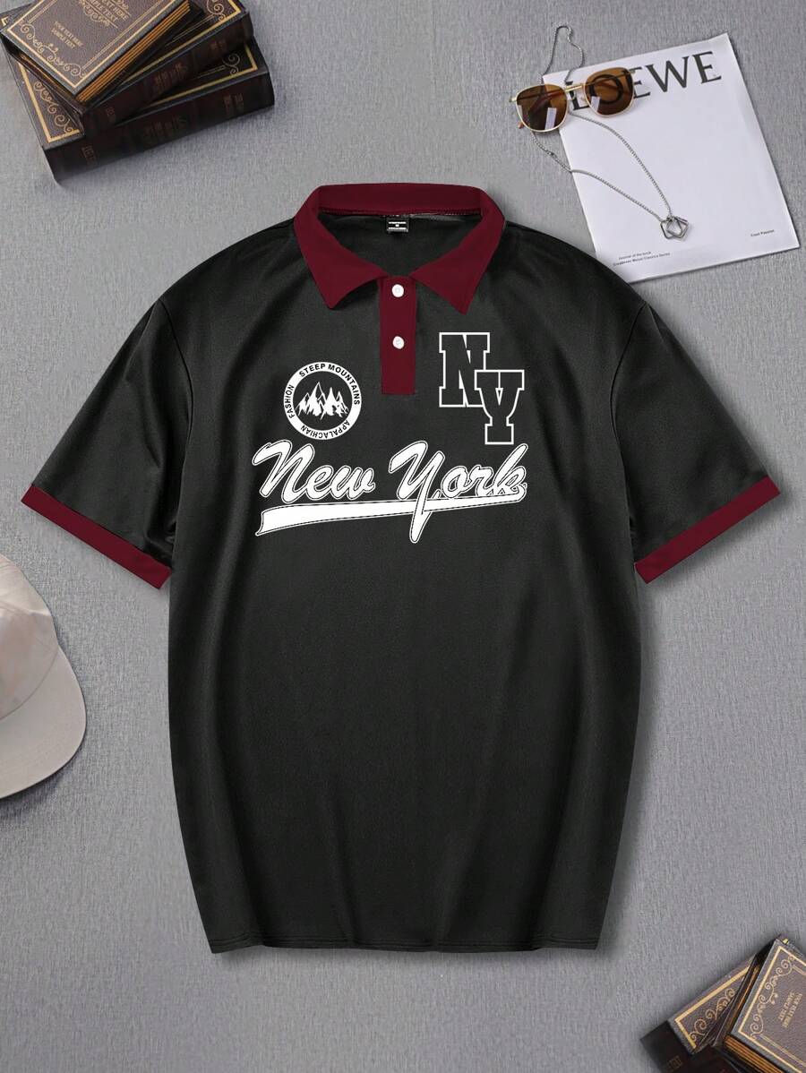 Manfinity Hypemode Camisa polo casual de manga corta con botones y contraste de unicolor para hombre