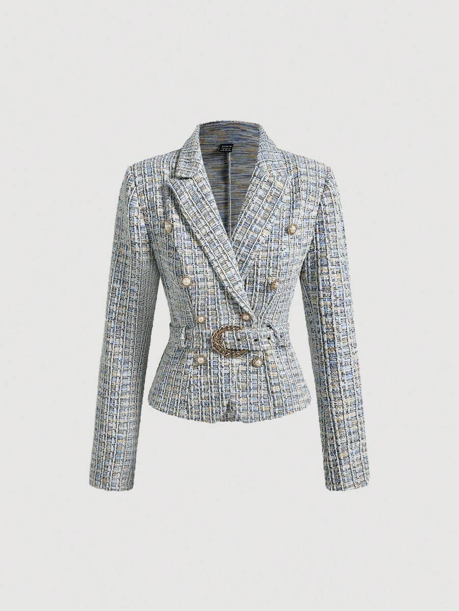 SHEIN MOD Women's Elegant Flat Lapel Double Breasted Blazer, Autumn And Winter Jacket, Retro Jacket,Winter Women Outfits,Winter Women Coat
