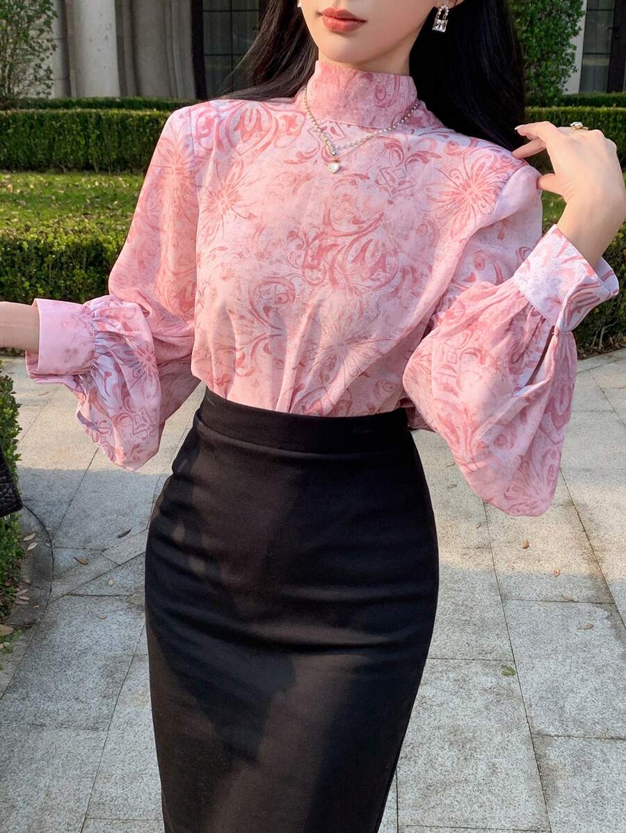 DAZY Camisa suelta de manga larga con estampado floral y lazo delantero para mujer, adecuada para primavera y verano