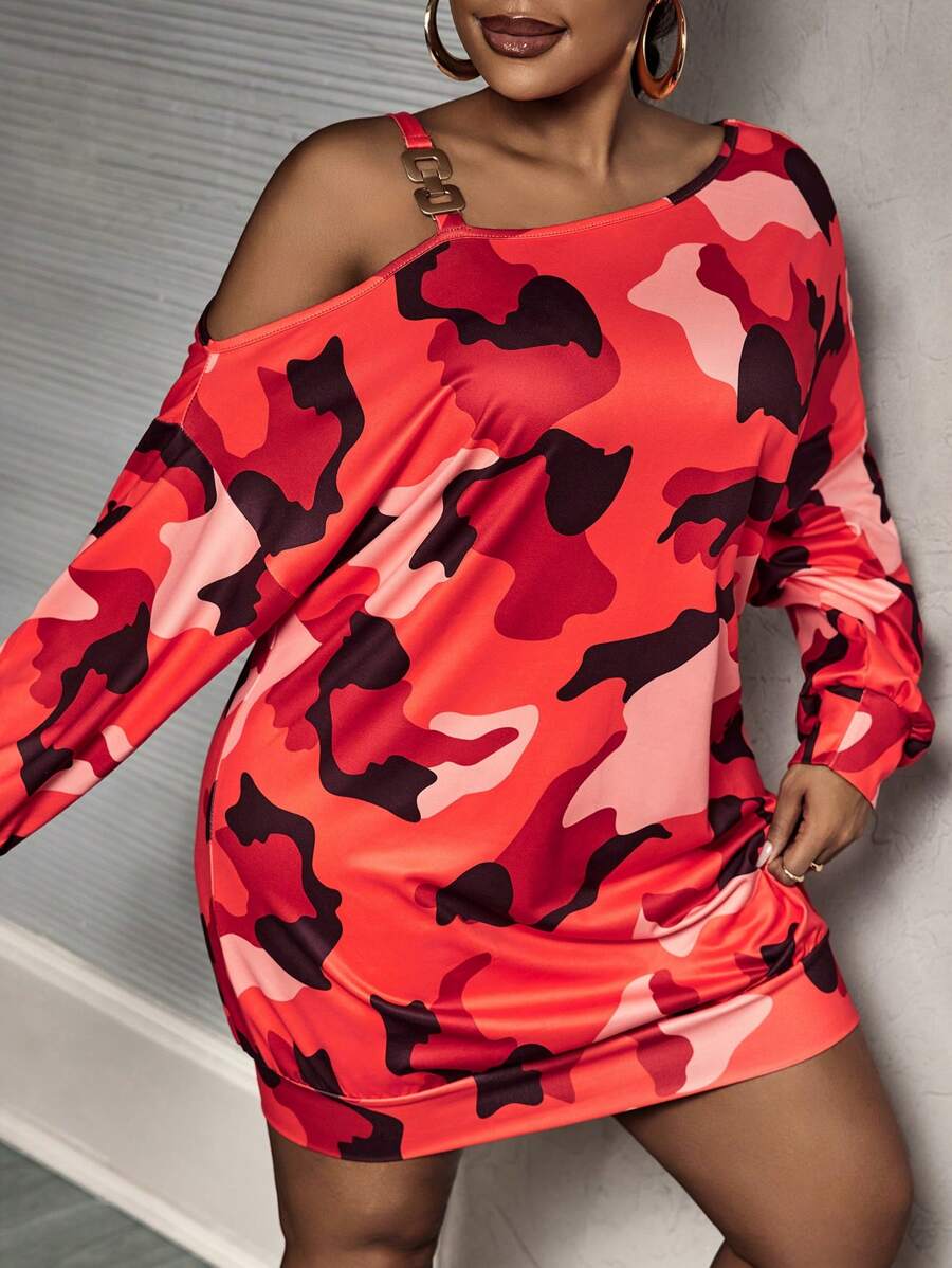 Slaydiva Plus Size Camouflage Print Plus Size Asymmetric Neck Long Hoodies For Women, Casual Street Style, Spring & Autumn