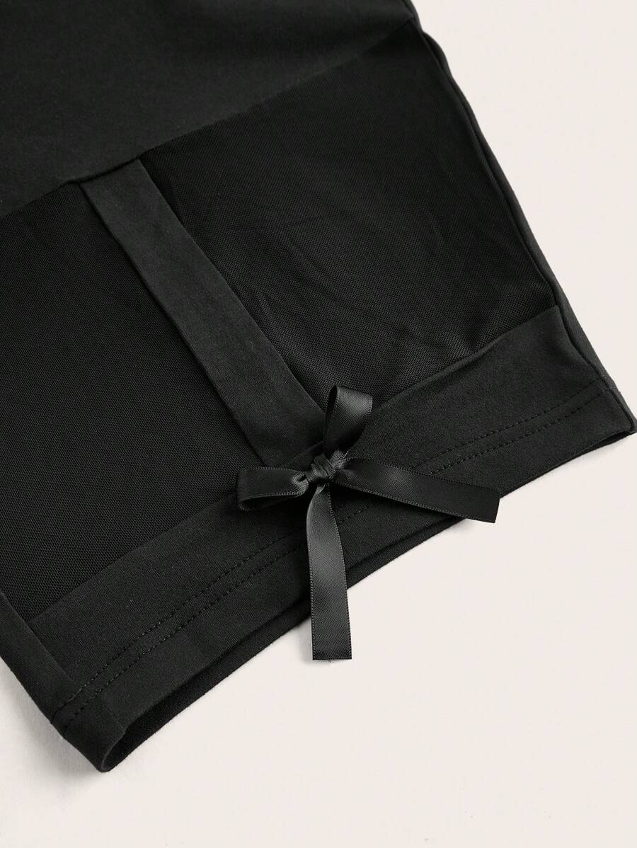 SHEIN EZwear Plus Size 2pcs/Set Black Mesh Bow Patchwork