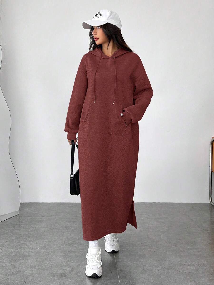 SHEIN EZwear Vestido casual con capucha y bolsillos para mujer talla grande, vestido sudadera de manga larga con corte holgado y detalle de abertura, apropiado para uso diario, otoño/invierno