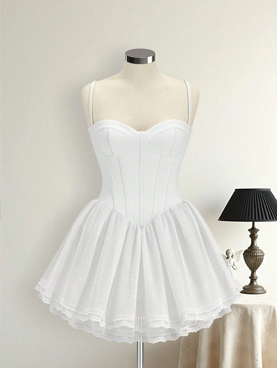 Sweetina Women Solid Color Contrast Mesh Hem Elegant Spaghetti Strap Homecoming Dress