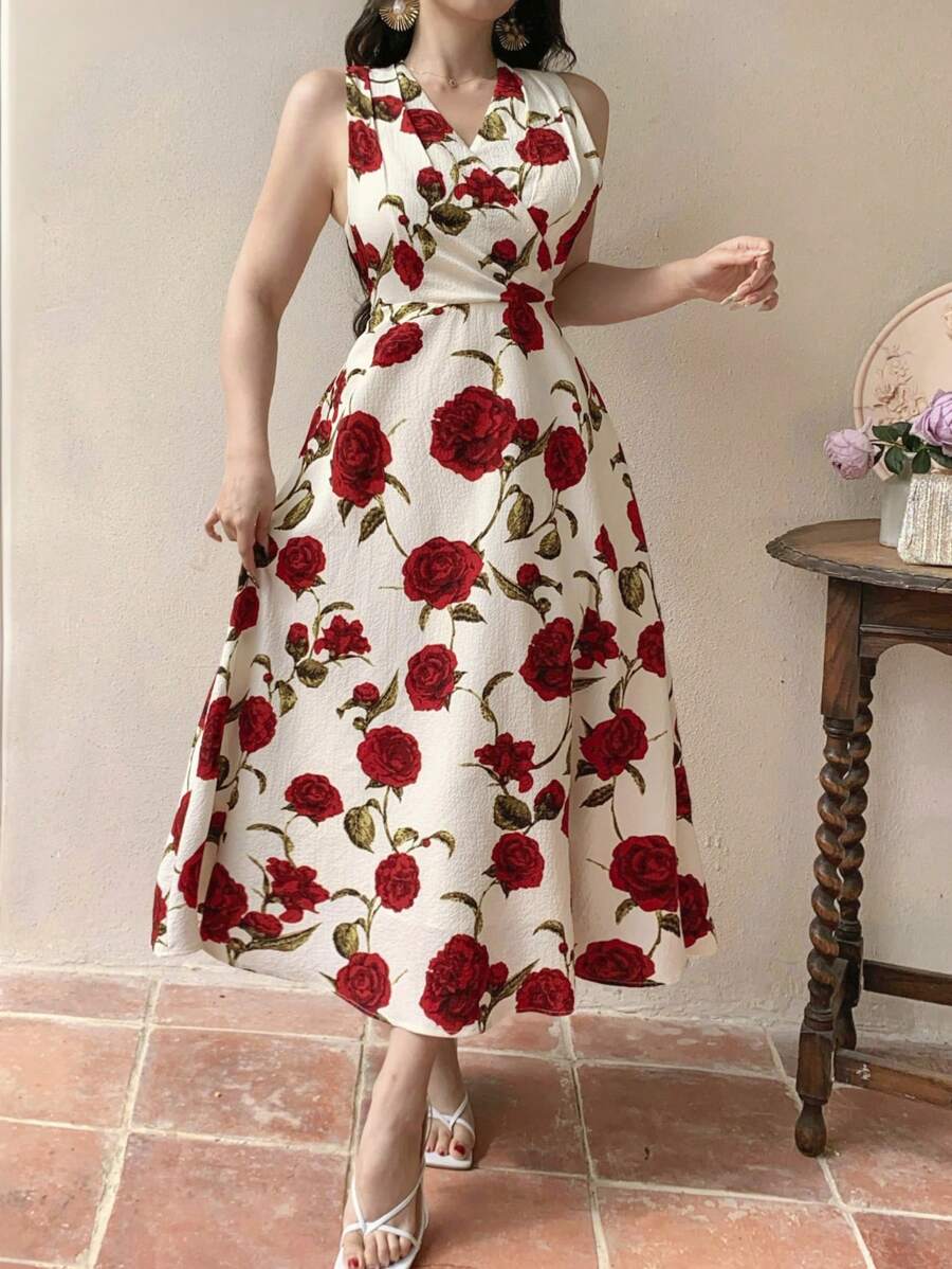 DAZY V-Neck Rose Print Sleeveless Belted Mid-Calf Length Dress For Women, Valentine's Day Floral Sundress