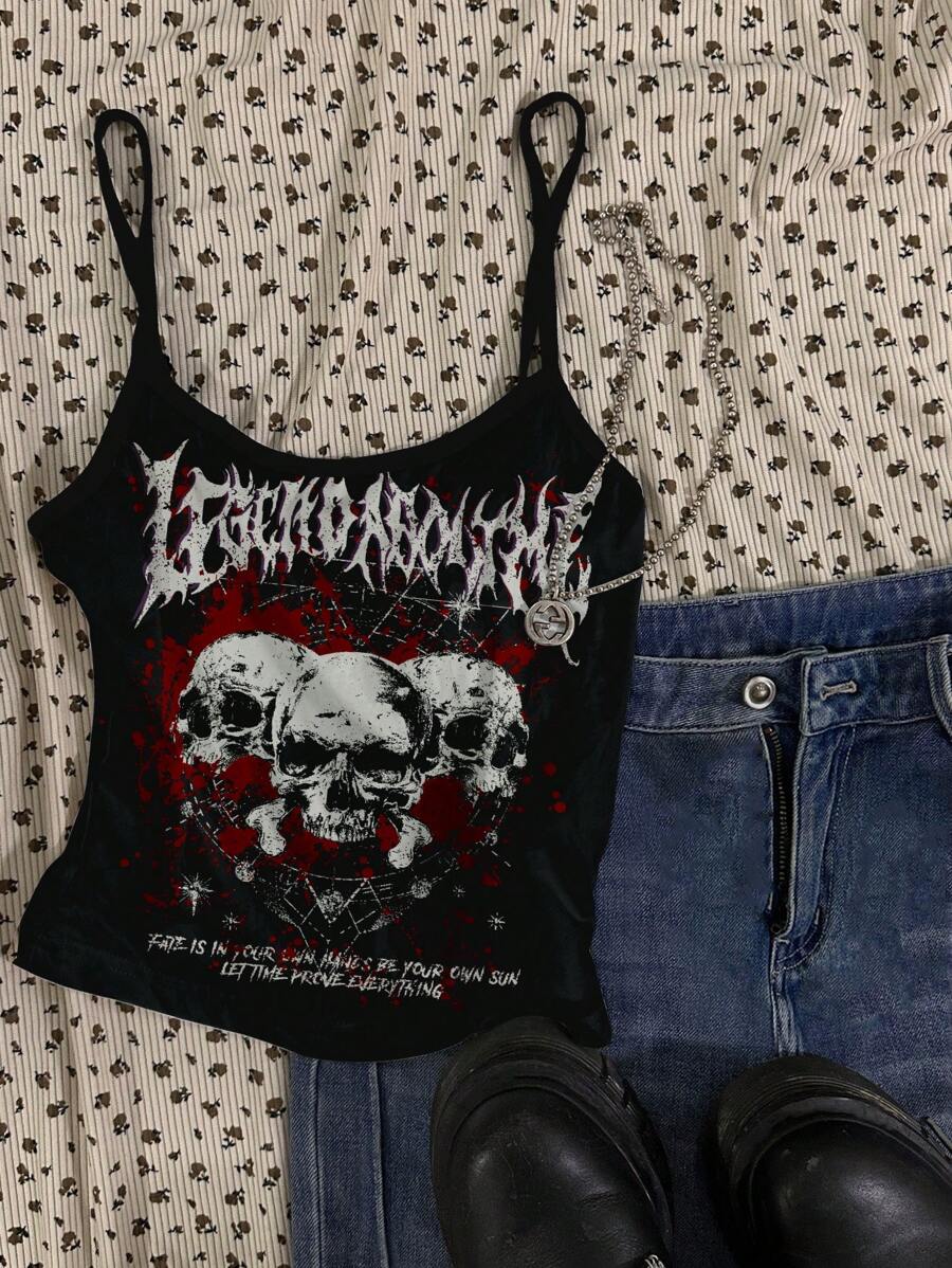 Attitoon Women's Goth Skull Print Crop Tank Top: Black Camisole For Rock Concerts,Summer Tops Back To School