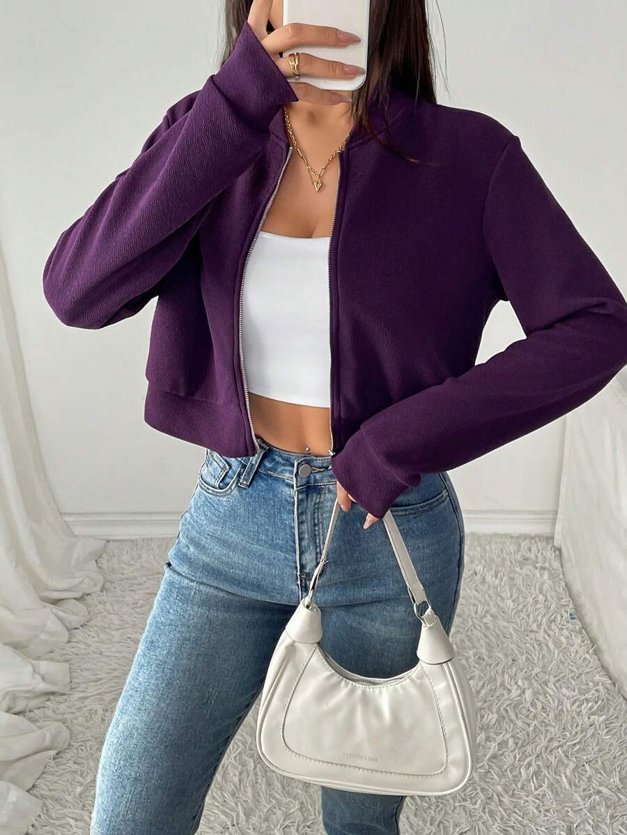 SHEIN EZwear Veste bomber courte zippée violette décontractée pour femme