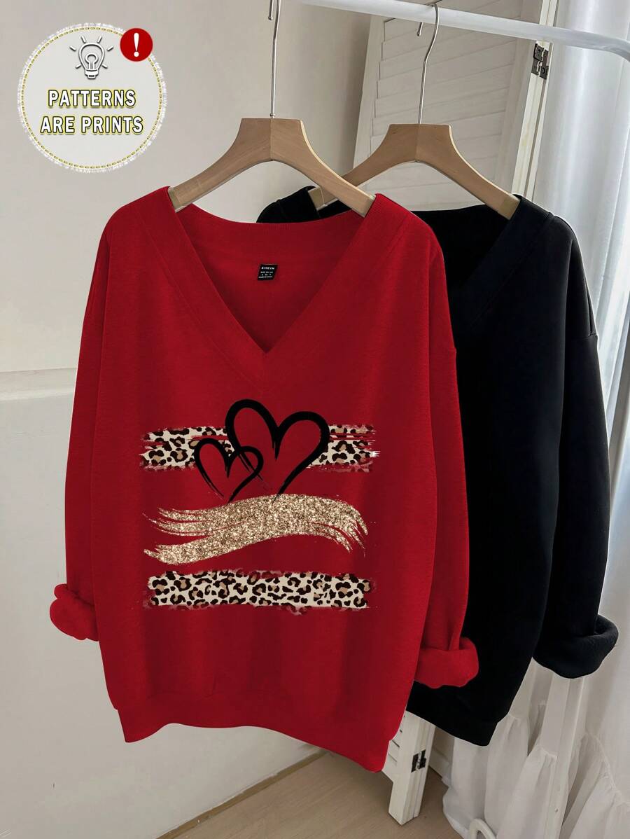 SHEIN LUNE Ladies Red Heart-Shaped Leopard Print Lover Cute Comfortable V-Neck Sweatshirt In Red And Black