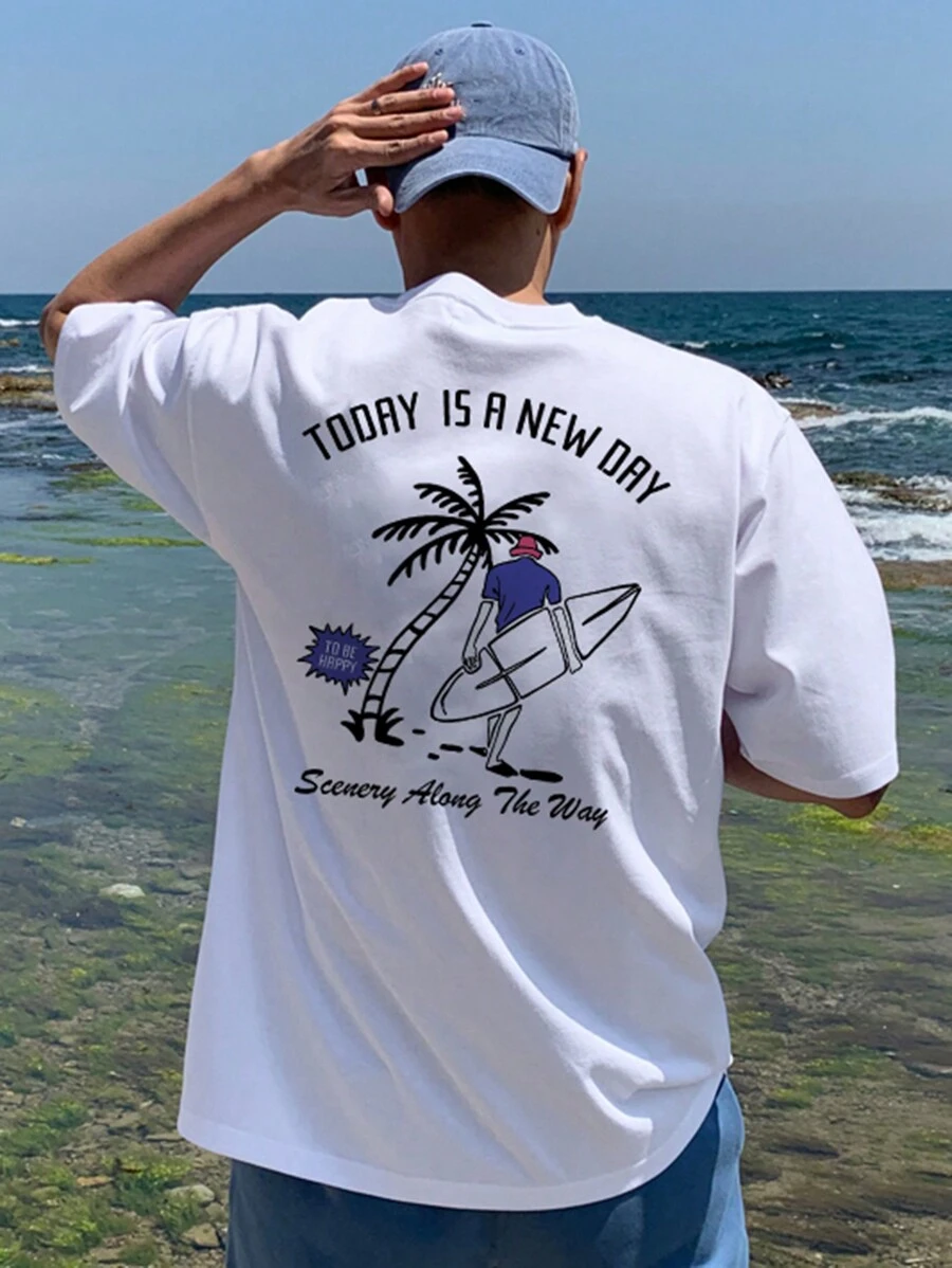 DAZY White Summer Beach & Surf Print Casual T-Shirt For Men,Graphic Tees