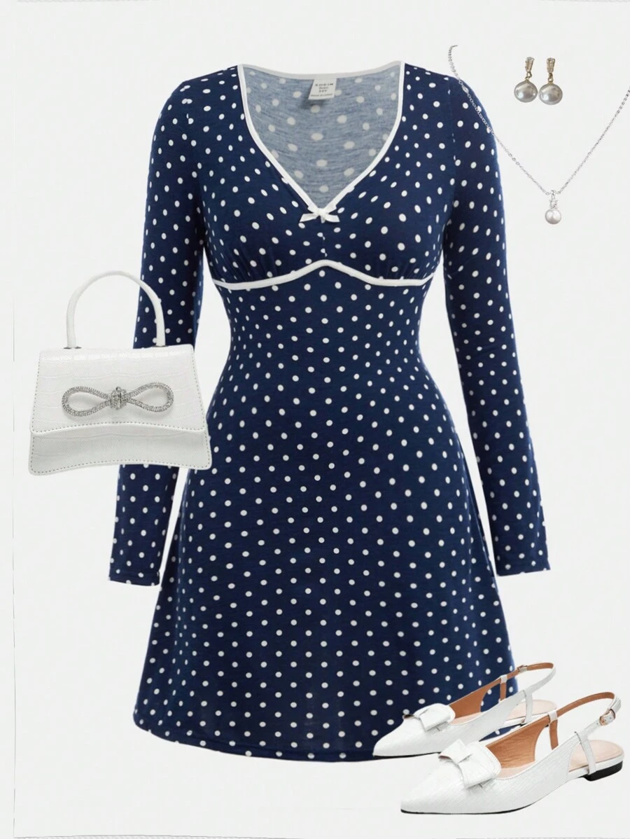 SHEIN Girlism Vestido azul de punto con cuello corazón, lunar blanco en contraste y moño mini corte A, para adolescentes, ideal para el Día de San Valentín