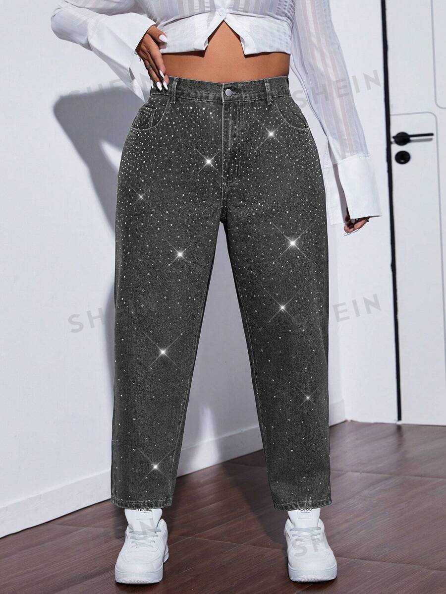 SHEIN ICON Jeans versátiles y casuales de talla grande para mujer con bolsillos, lentejuelas y rhinestones en forma de cono