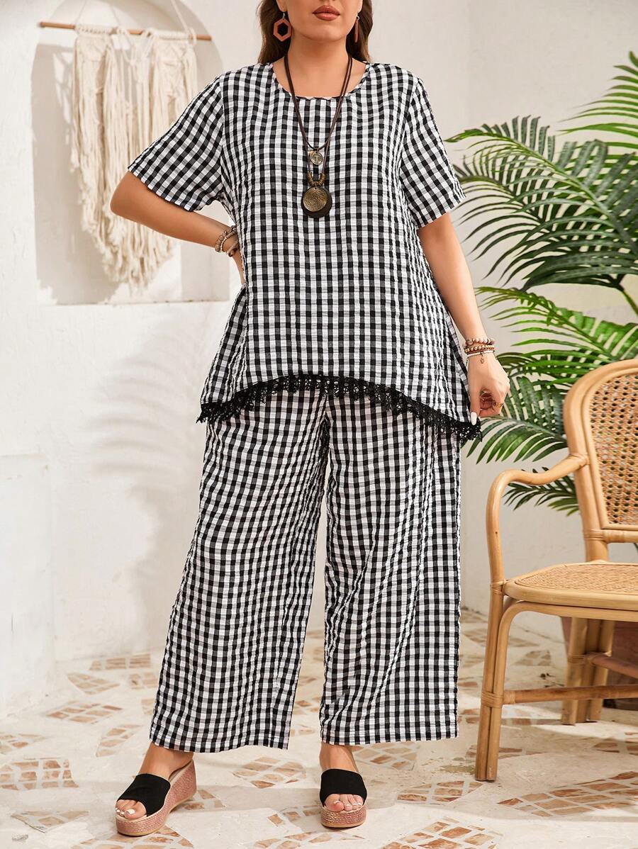 EMERY ROSE 2pcs Plus Size Plaid Short Sleeve Top And Pants Set, Casual And Fashionable For Daily Wear,Vacation Outfits Woman,Vacation Outfits Woman,Summer Clothes