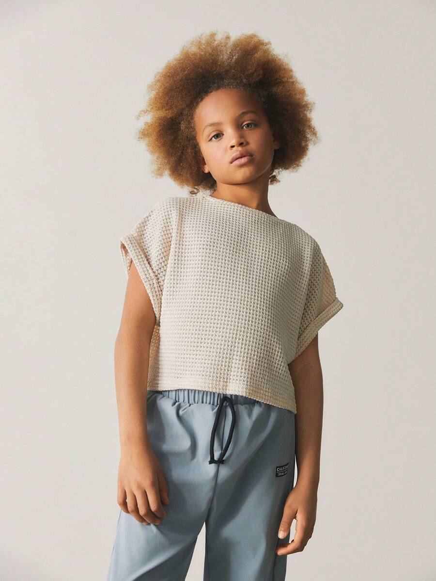 SHEIN Top mit Rundhalsausschnitt und kurzen Ärmeln in einfarbigem Strick für Tween-Mädchen, Frühling/Sommer