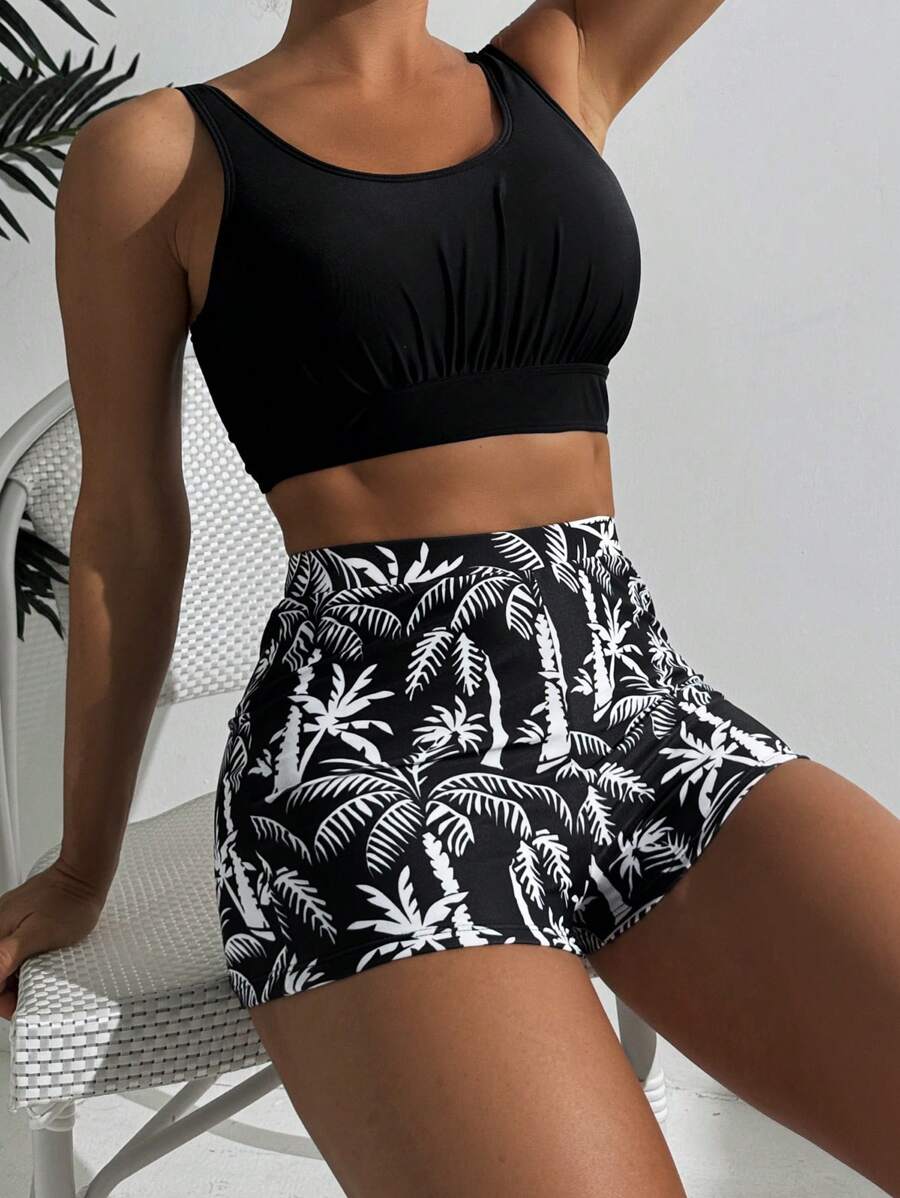 2 peças Conjunto Maiô Bikini Esportivo Feminino Estampa de Árvore de Coco e Parte Inferior