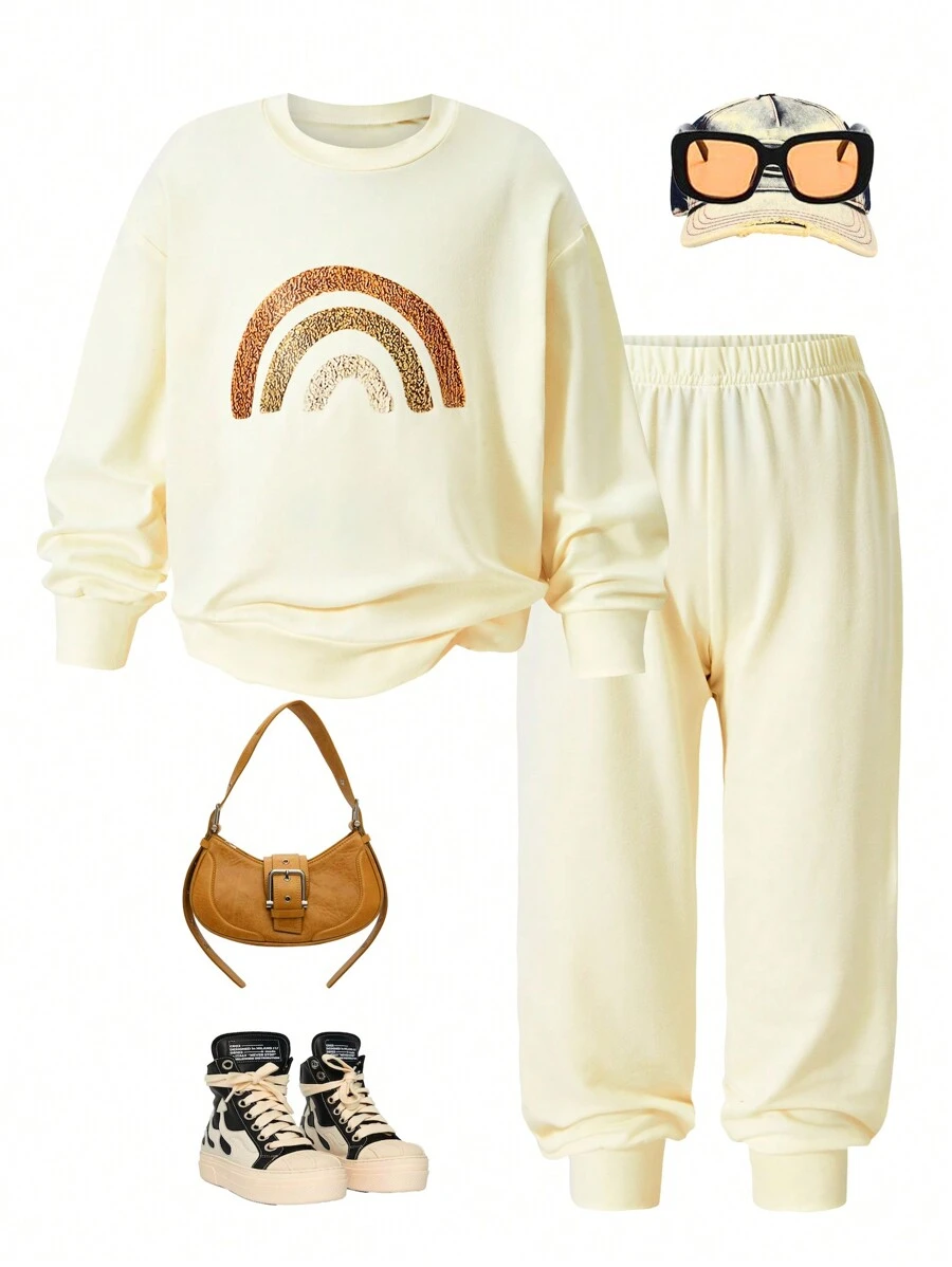2pcs Young Girls Cute Casual Round Neck Long Sleeve Sweatshirt & Pants Set, Suitable For Daily, Holiday, Festival Occasions