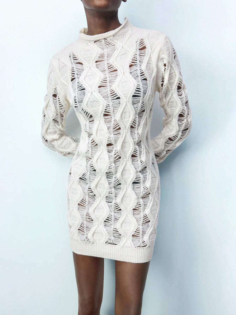 Maija Apricot Round Neck Crochet Hollow Slim-Fit Women Sweater Dress, Comfortable Casual Resort Versatile Fashion Festival