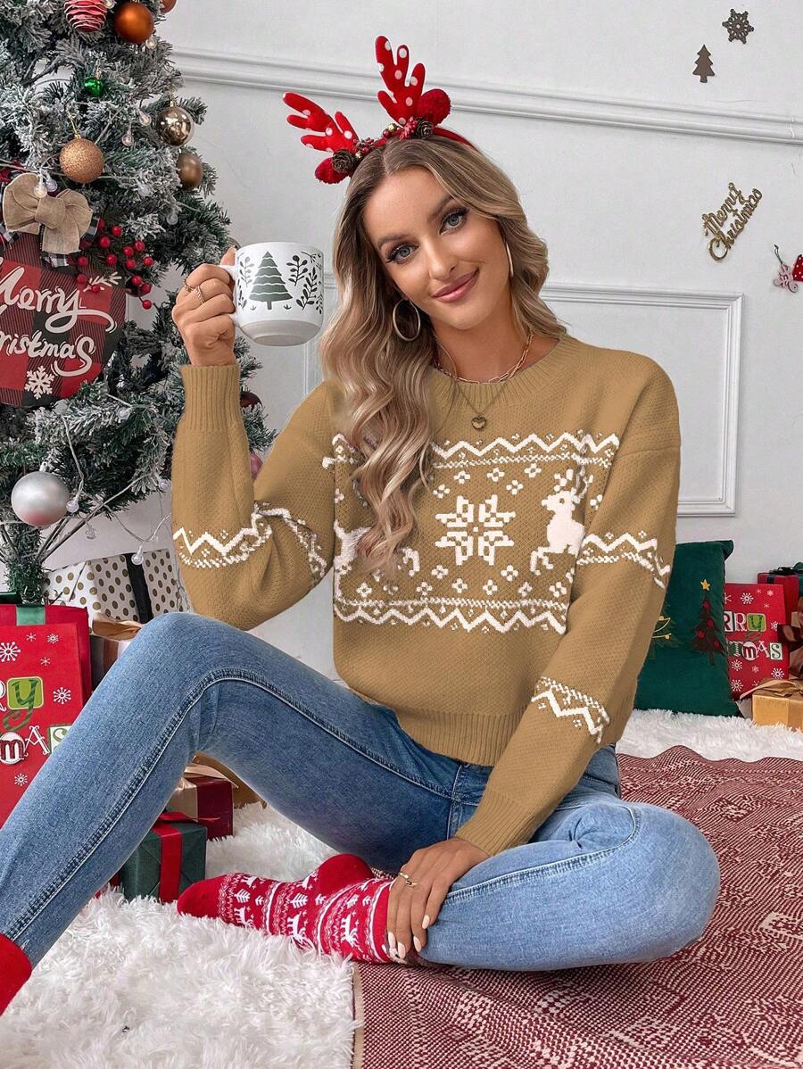 Chiquease Christmas Reindeer Graphic Drop Shoulder Knit Sweater