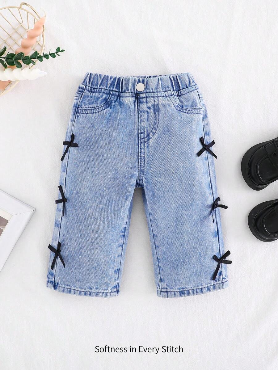 Cozy Pixies Pantalones vaqueros suaves y holgados de mezclilla azul desgastada con lazo lateral lindo para niñas, ropa de niñas para otoño e invierno, atuendos para volver a la escuela