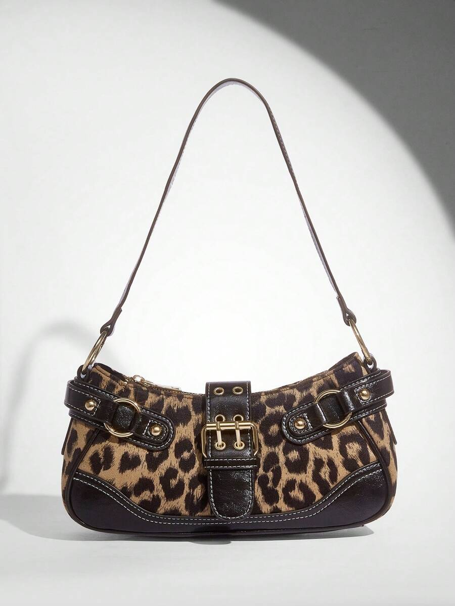 SHEIN BAE Bolso de hombro de mujer estampado de leopardo patchwork PU para ir a la ciudad, bolso de con estampado de leopardo para mujer, el leopardo está de vuelta