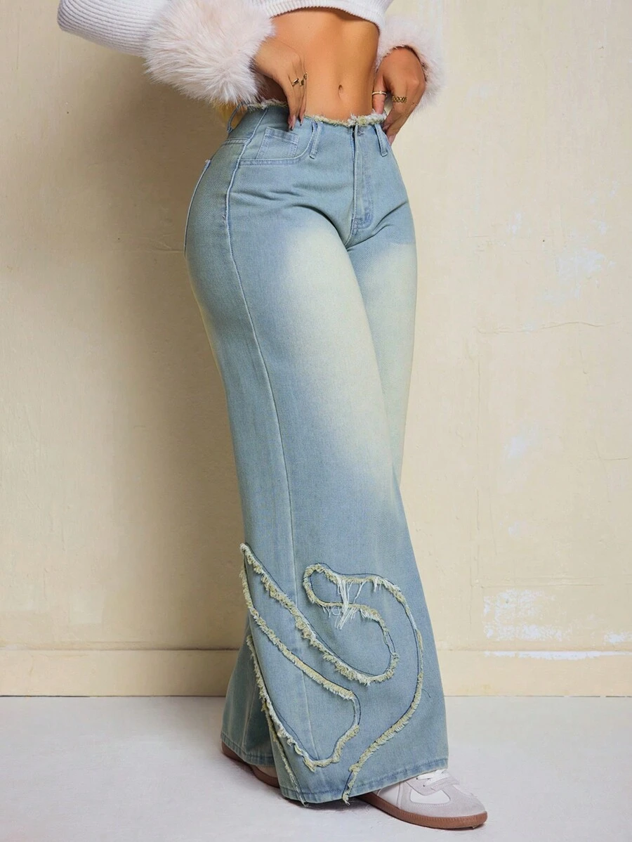 SHEIN SXY Jeans casual a gamba larga con design a frange e tasche, vestibilità morbida per le donne