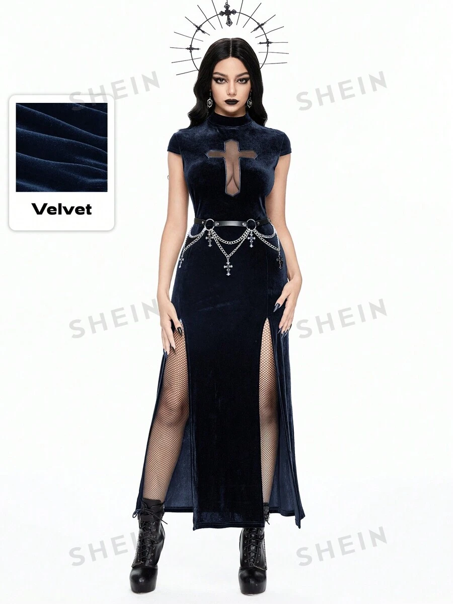 ROMWE Goth Vestido gótico de vampiro, ajustado, con cruz hueca, abertura alta y entallado