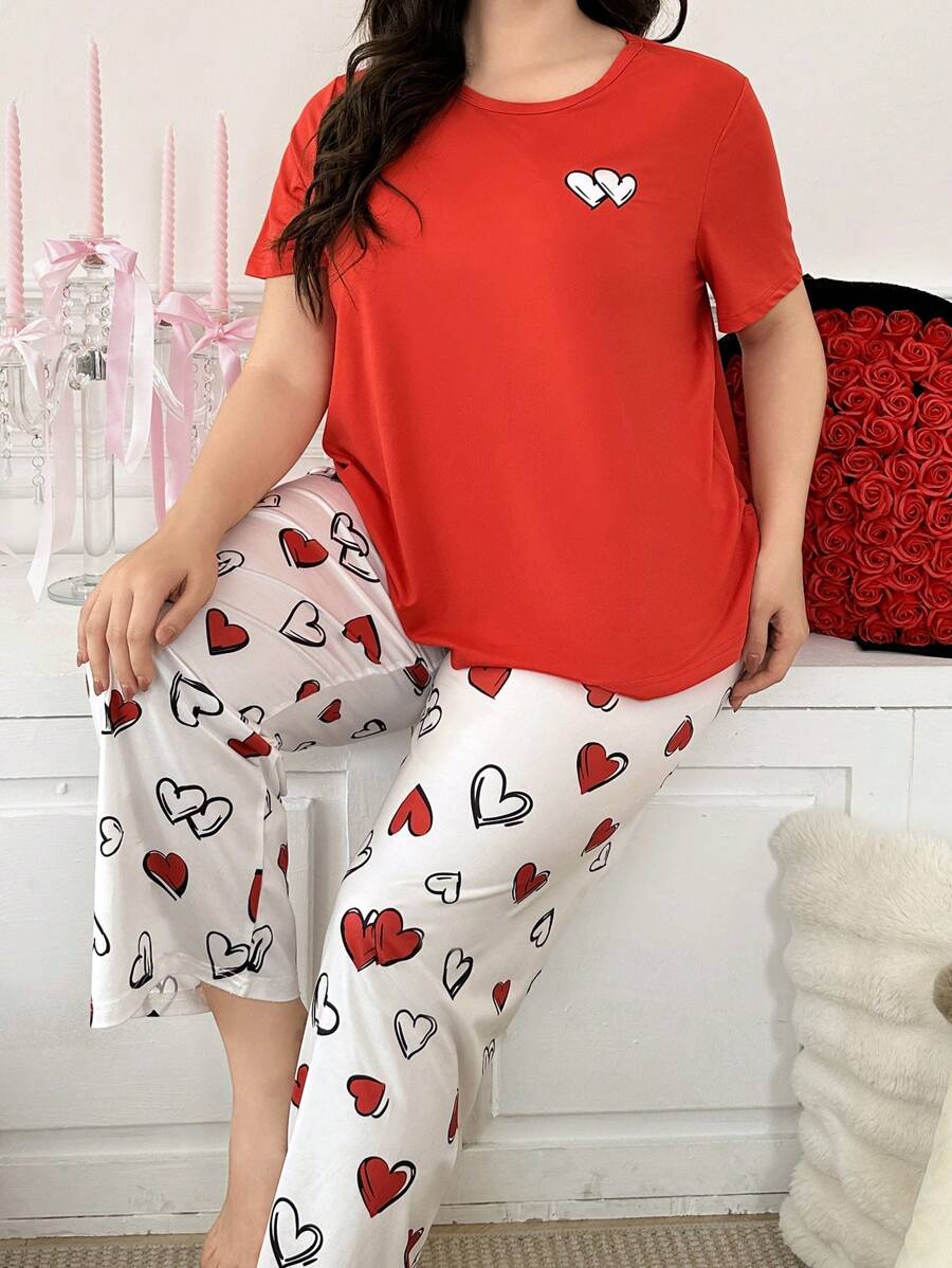 2 pièces/Set Pyjama avec short et manches courtes, décor mignon en forme de cœur