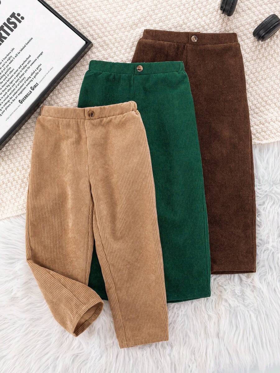 SHEIN Conjunto de 3 piezas de ropa casual para niños pequeños, incluye pantalones de pana de color azul marino, negro y caqui, con botones y bolsillos, cómodo para exteriores, la escuela y fiestas, apropiado para primavera y verano