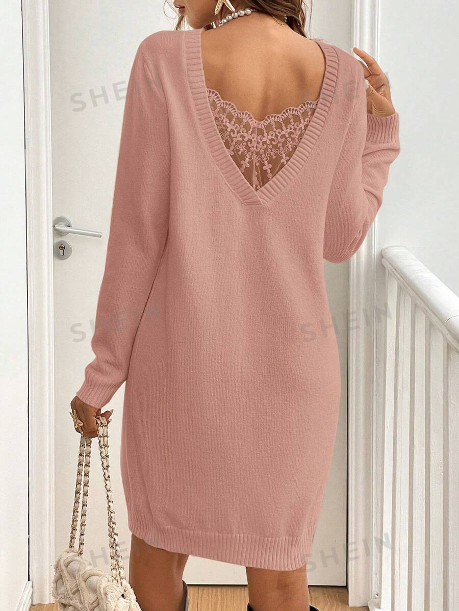 SHEIN Frenchy Vestido de suéter corto casual de manga larga con aplicación de encaje