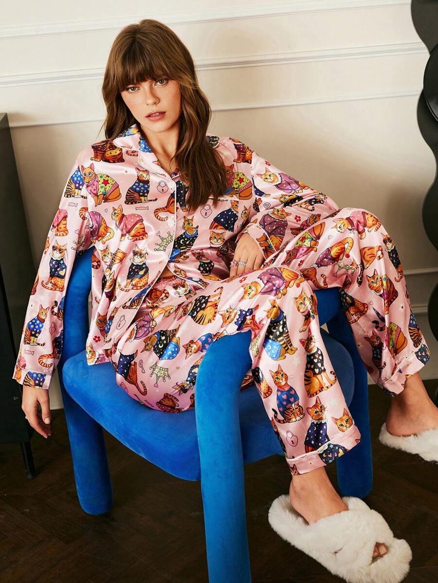 Chillnights Conjunto de pijama de satén con estampado de gato elegante y lindo para mujer
