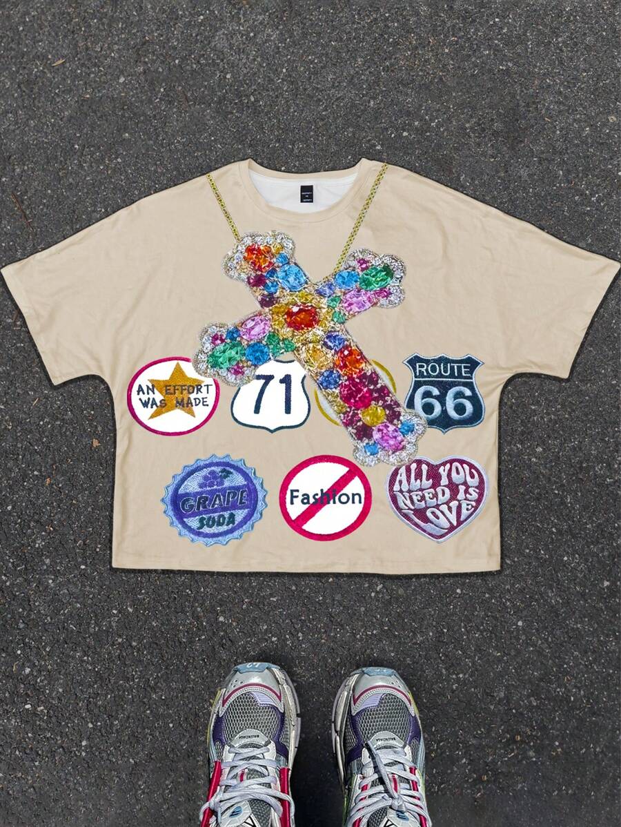 Manfinity Streetrush Camiseta corta y truncada para hombre, con patrón de diamantes de colores sobredimensionado, estampado de letras con patrón pequeño aleatorio, camiseta blanca suelta de estilo callejero INS