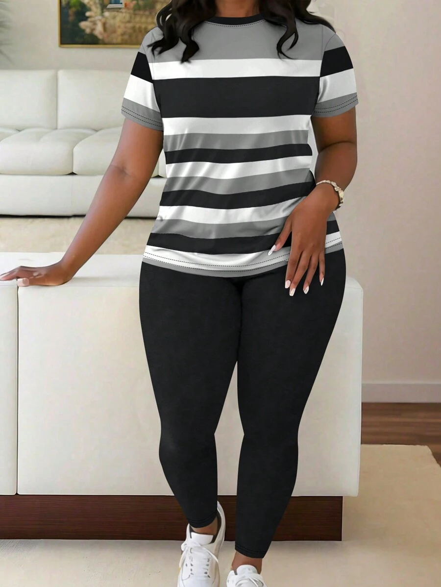 Maweii Plus Size Fashion Striped Print Casual Short Sleeve T-Shirt & Pants 2 Pieces Set, Summer