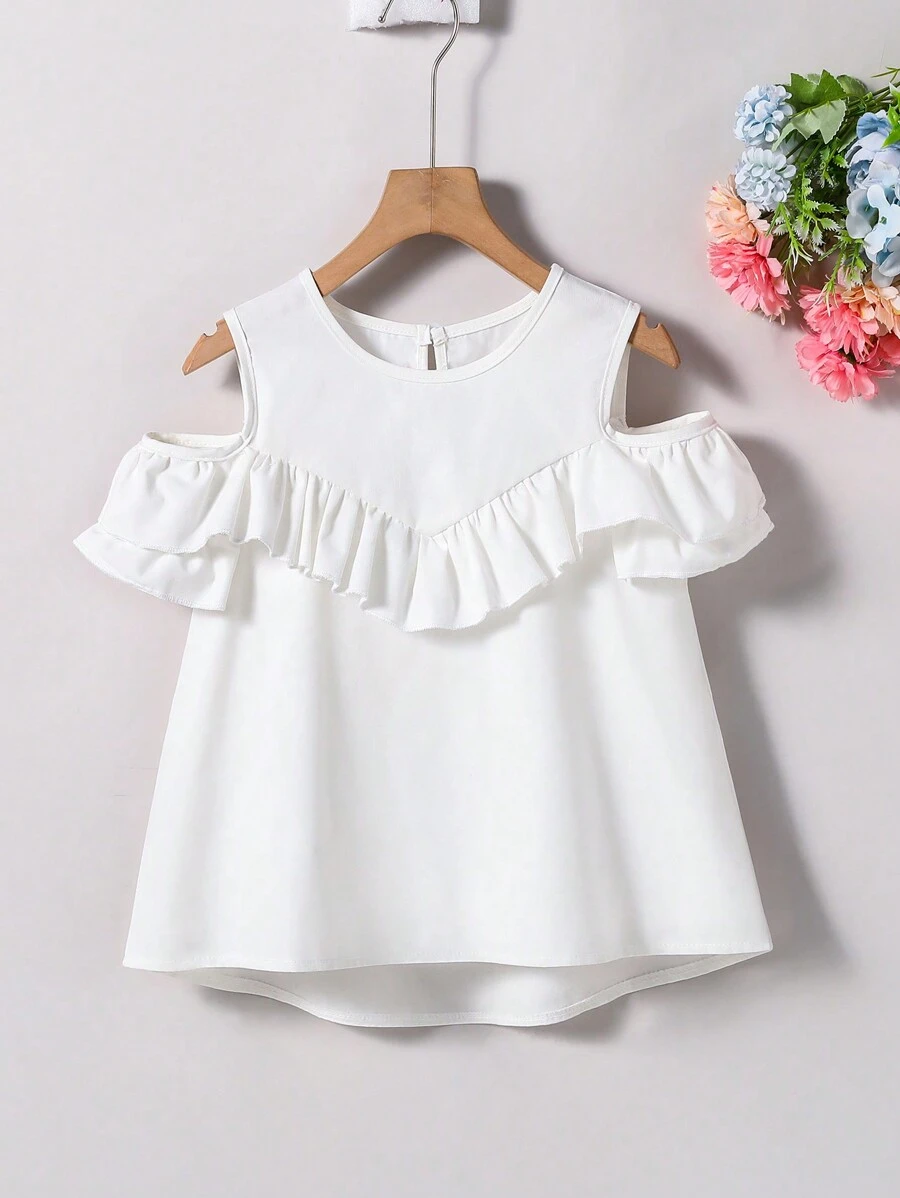 Blusa informal de unicolor con hombros descubiertos y mangas cortas para niña preadolescente