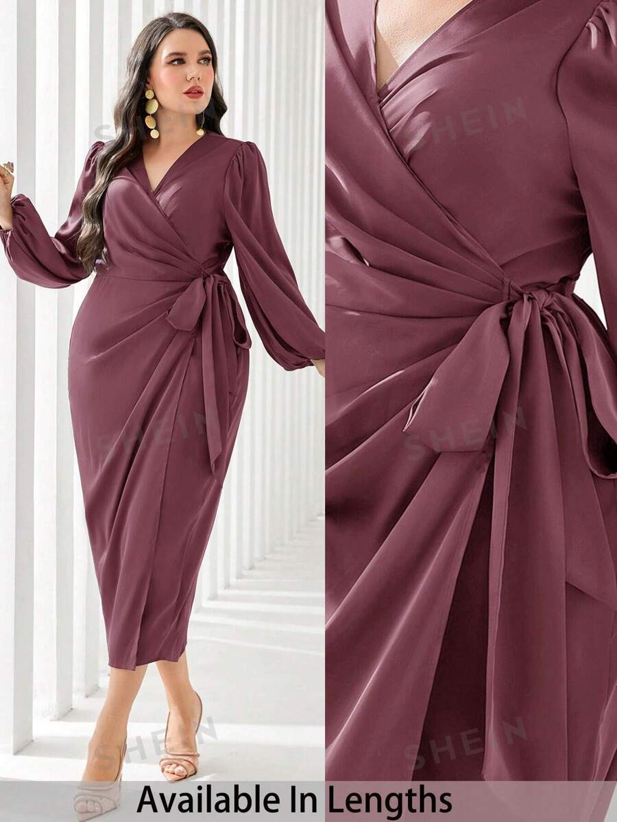 SHEIN PETITE CURVE Vestido de mujer talla grande de manga farol elegante con nudo lateral y envolvente