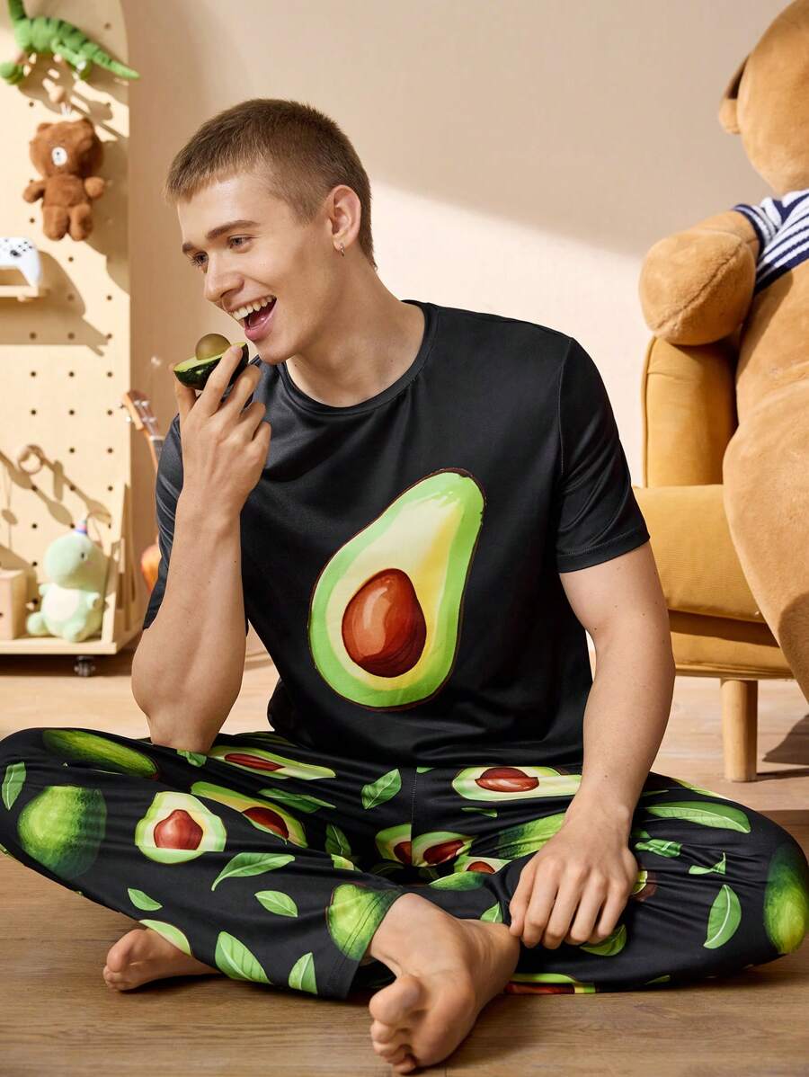 Happy Jammies Men Avocado Print Short Sleeve Round Neck Top And Pants Loose Home Service 2pcs Set