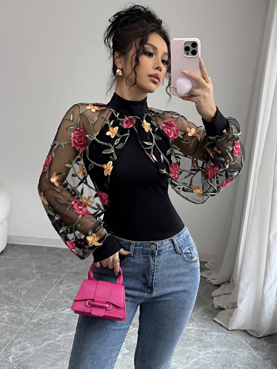 Chiquease Women's Knitted Contrast Mesh Embroidered Autumn T-Shirt