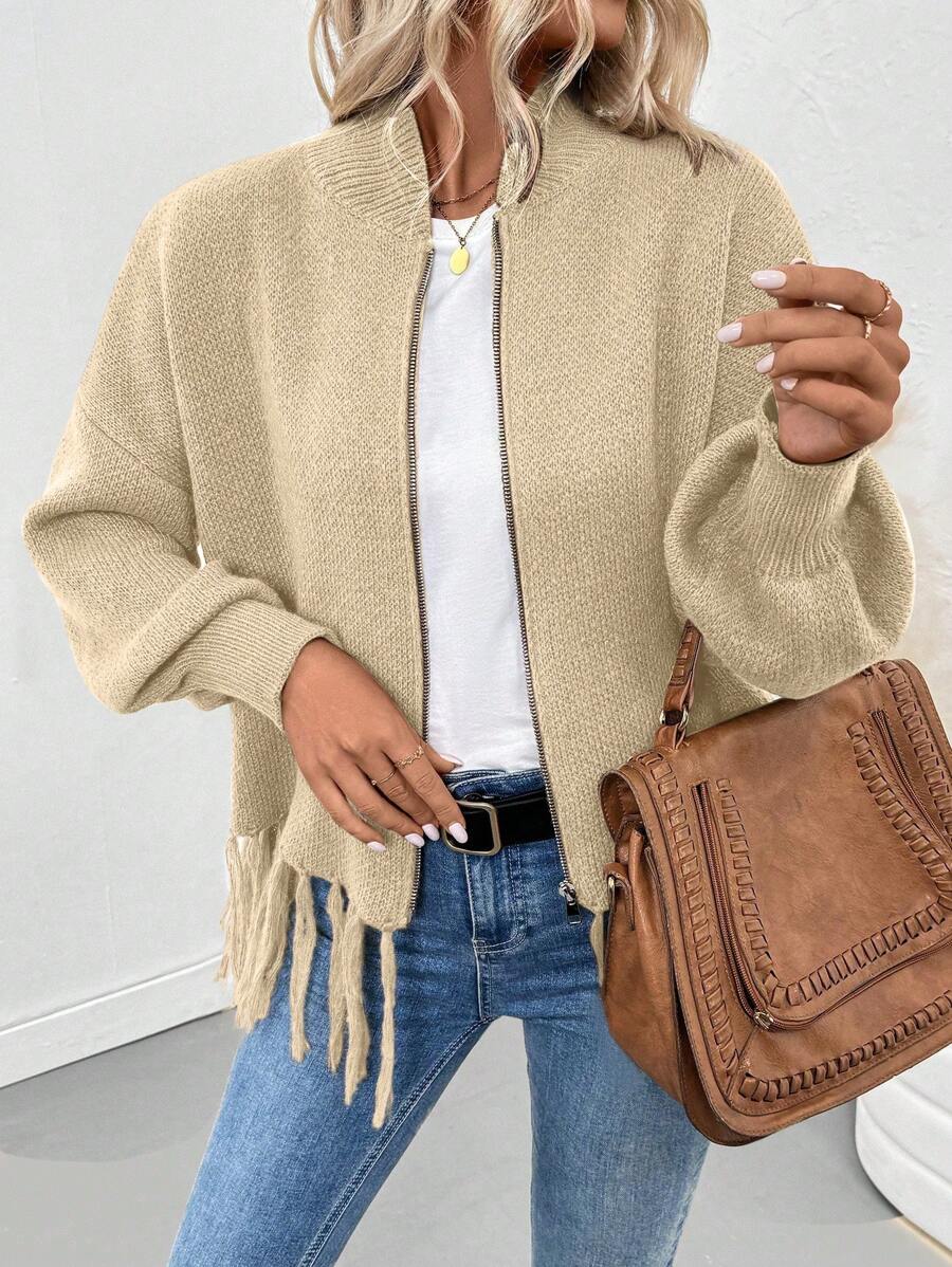 SHEIN LUNE Dames effen kleur drop shoulder lange mouwen rits voorkant casual vest voor herfst/winter