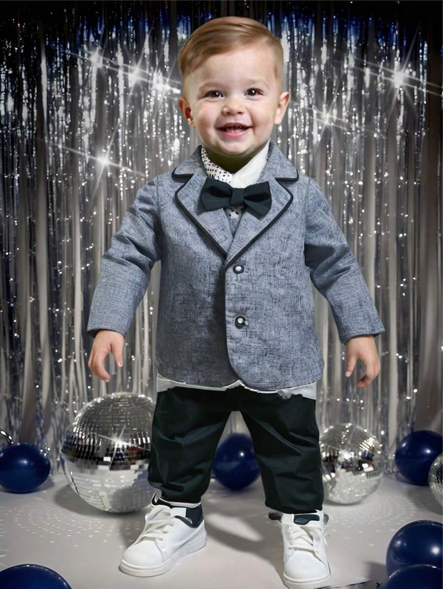 SHEIN 4pcs/Set Baby Boy Autumn/Winter Colorblock Ribbon Collar Long Sleeve Cardigan, Collar Shirt, Elastic Waist Pants Outfit With Belt, Suitable For Birthday Party, New Year, Christening, 1st Birthday, Party, Performance, Wedding, Baby Shower