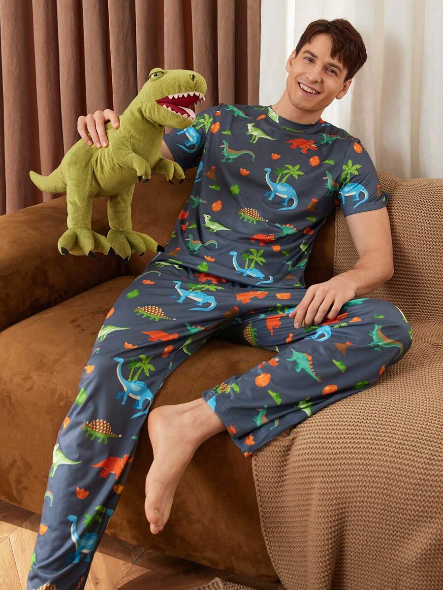 Happy Jammies Conjunto de pijama para hombres con camiseta de cuello redondo de manga corta y pantalones con estampado animal