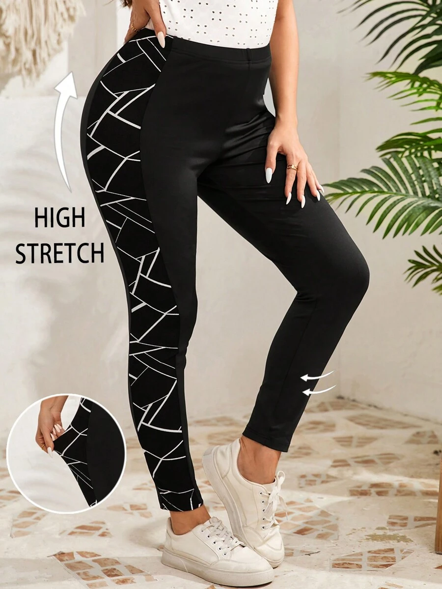 EMERY ROSE Plus Size Women Black Geometric Print Patchwork Casual Leggings,Summer Outfits For Women,Casual Everyday Wear,Vacation Outfits Woman