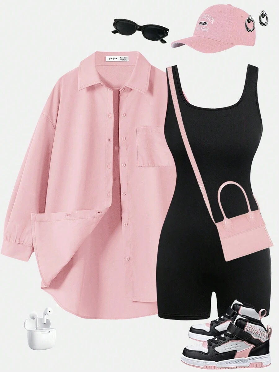 SHEIN Girlism Teen Girls Woven Long Sleeve Shirt & Knit Sleeveless Romper Casual 2pcs Set