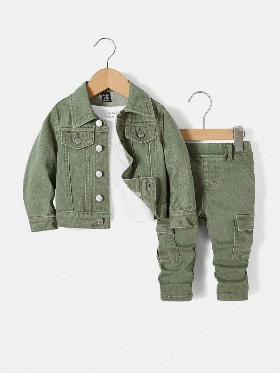 SHEIN Ensemble de 2 pièces pour bébés garçons : une veste en jean à manches longues décontractée et un pantalon en jean avec poches cargo, pour une tenue de sortie
