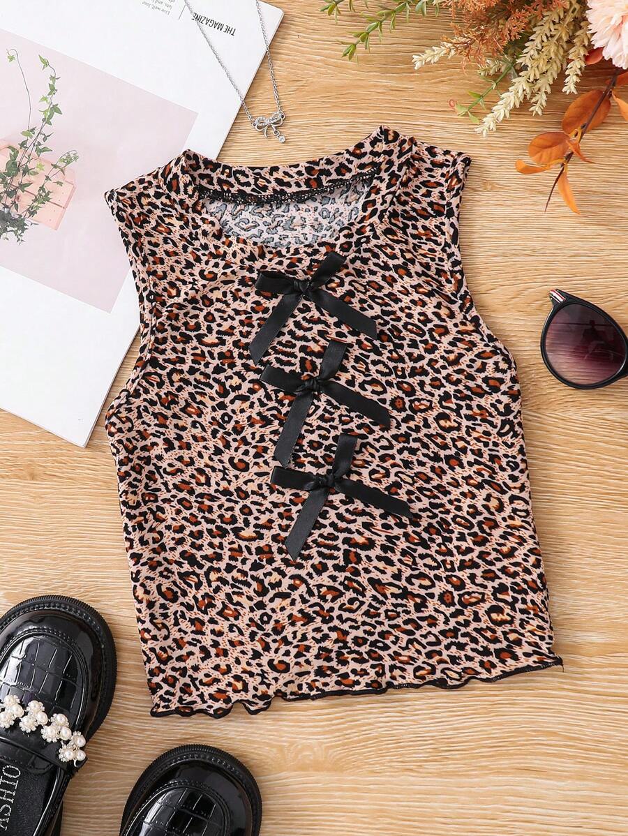 Young Girls' Casual Vintage Stretch Leopard Print Front Keyhole With Bowknot Decor Camisole, Suitable For Vacation,Clothes,Leopard Top,Suitable For Spring And Summer,Suitable For Girls Daily Wear
