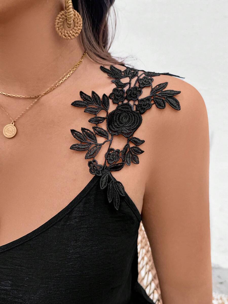 SHEIN LUNE Plus Size Women V-neck Floral Lace Tank Top, swobodny strój wakacyjny na lato