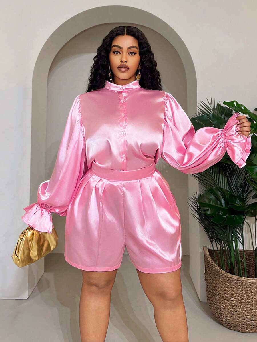 Slaydiva Conjunto informal de 2 piezas de top de manga larga con cuello alto y shorts de unicolor en talla grande