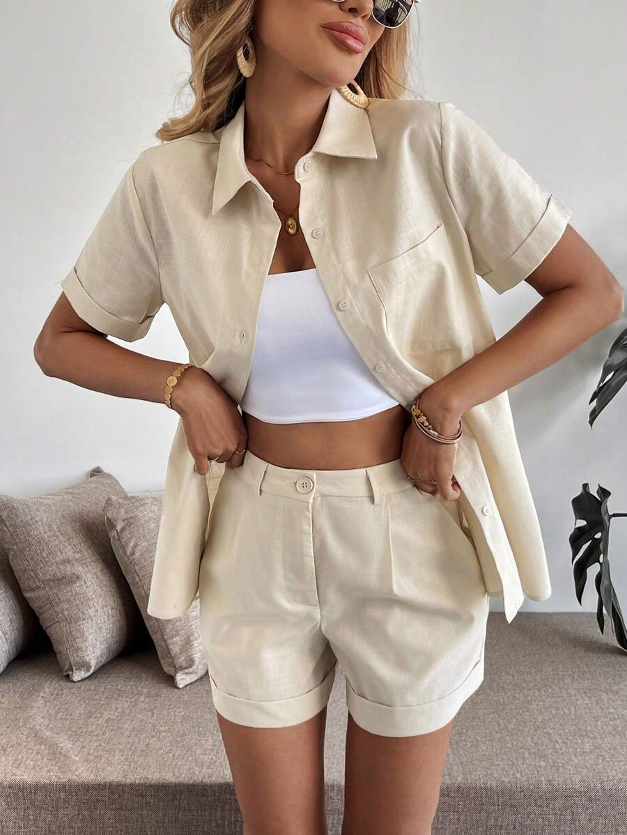 Calvaya Conjunto de 2 piezas de camisa de manga corta con bolsillo y shorts de fibra de bambú informal y básico para mujer, primavera/verano