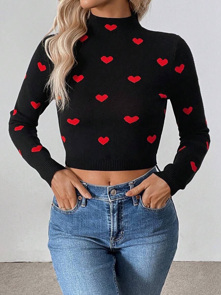 SHEIN LUNE Jersey corto de mujer con cuello alto, manga larga y patrón de corazones, para otoño/invierno