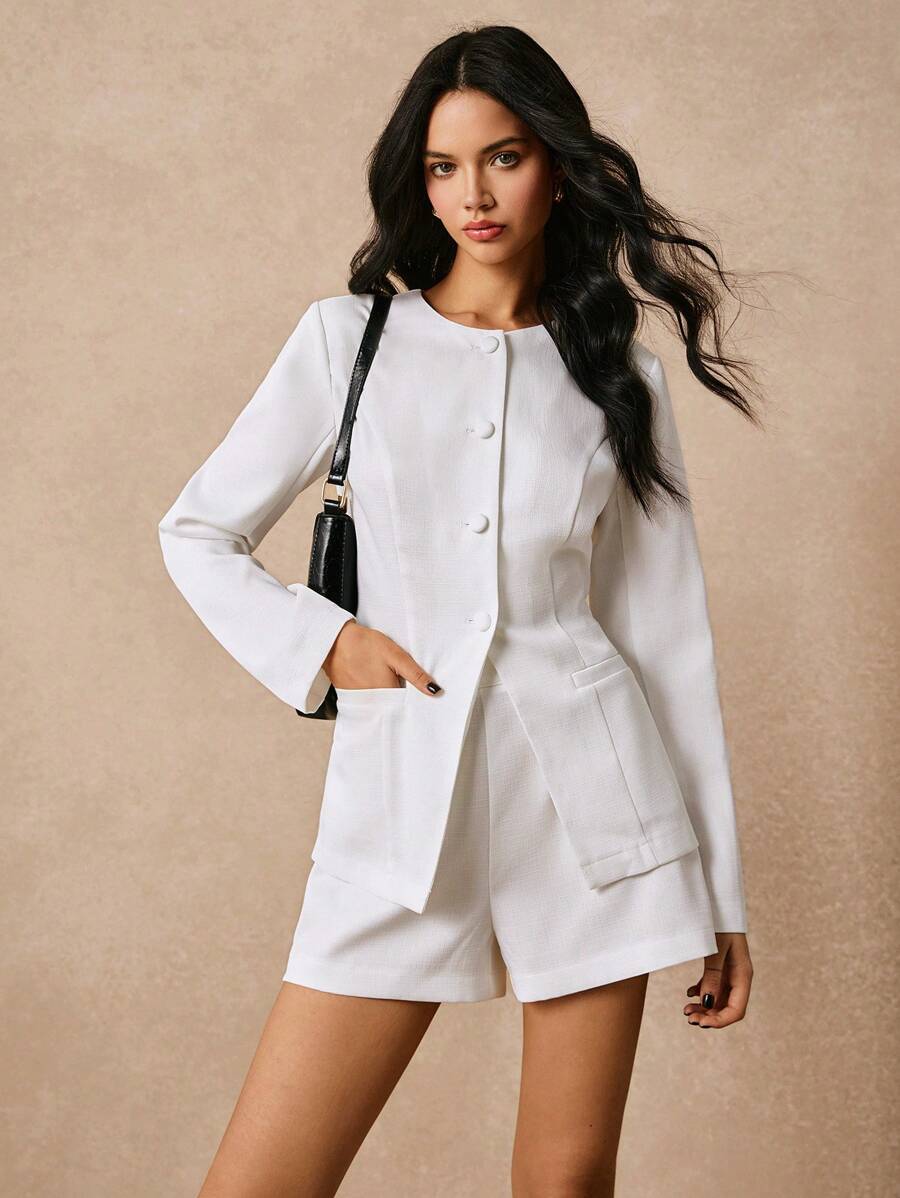 Poéselle Conjuntos de dos piezas para mujer con bolsillos. Conjunto de dos piezas de top de manga larga con botones delanteros, bolsillos y pantalones cortos de color liso para mujer. Conjunto blanco para mujer. Conjuntos para mujer. Ropa para mujer. Pantalones cortos blancos de manga larga para mujer. Conjuntos de invierno para mujer. Conjuntos de invierno para mujer. Conjuntos de dos piezas para mujer para Año Nuevo y San Valentín.